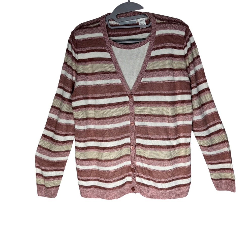 Alfred Dunner Petite Cardigan Top Set Striped Acrylic Knit Sweater PM